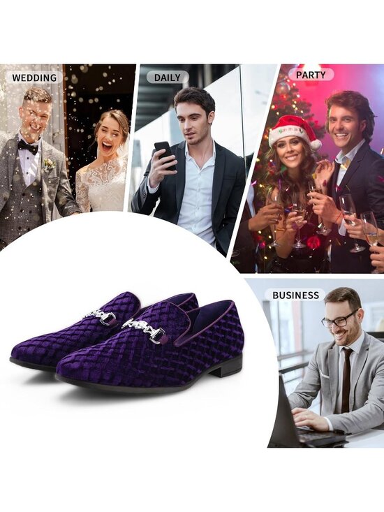 Cenprmon Men\'s Purple Velvet Loafers Diamond Pattern Metal Buckle Wedding Shoes main image 4